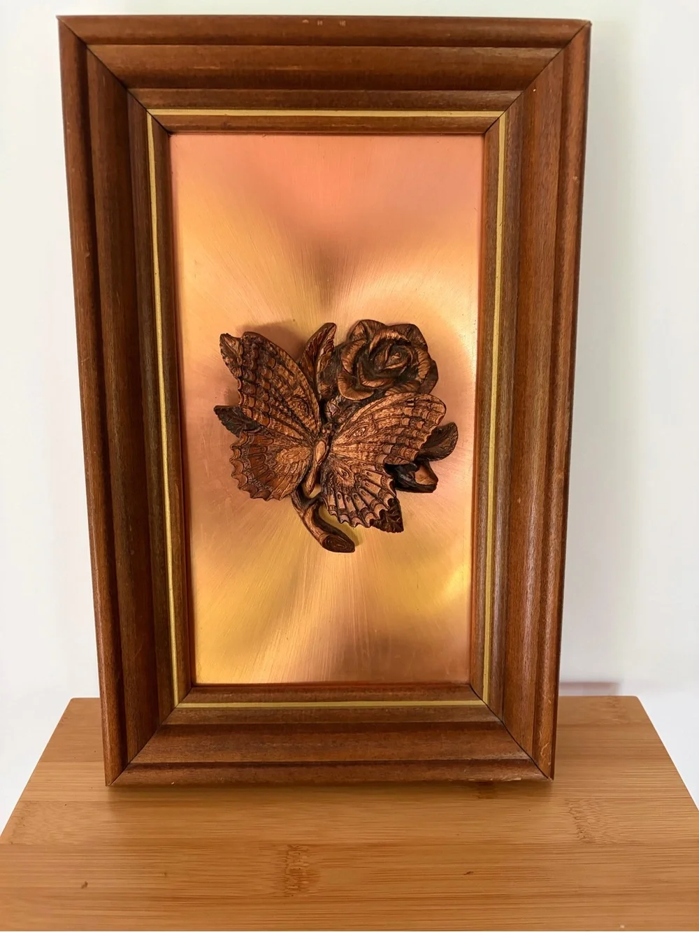 Vintage Mid Century Wood Framed Butterfly & Rose 3D Wall Art Copper Sculpture